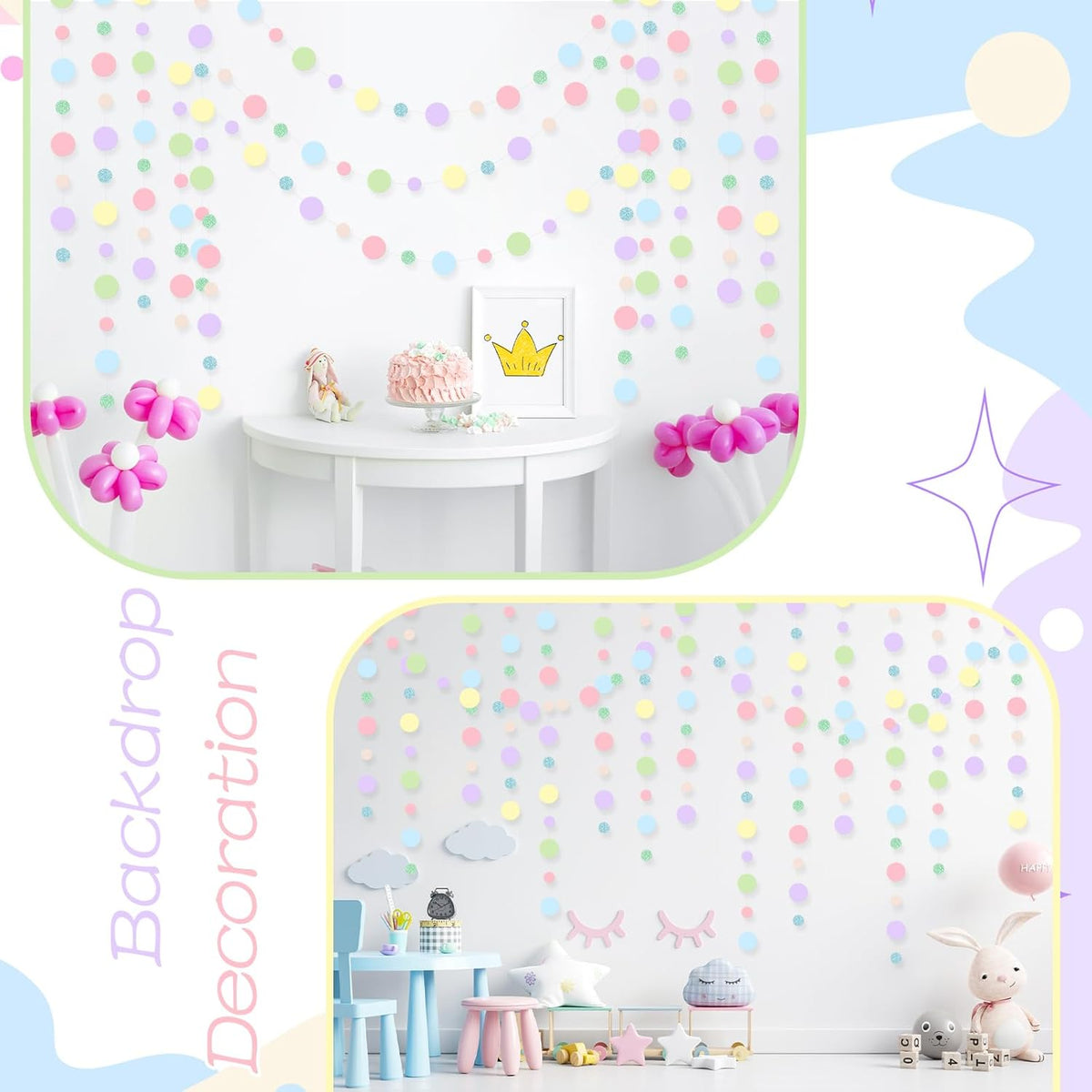 Outus 10 Pieces Colorful Dots Paper Garland Round Glitter Garland Hanging Confetti Streamers Backdrop Decoration for Birthday Classroom Candy Sprinkles Trunk or Treat Party (Pastel)