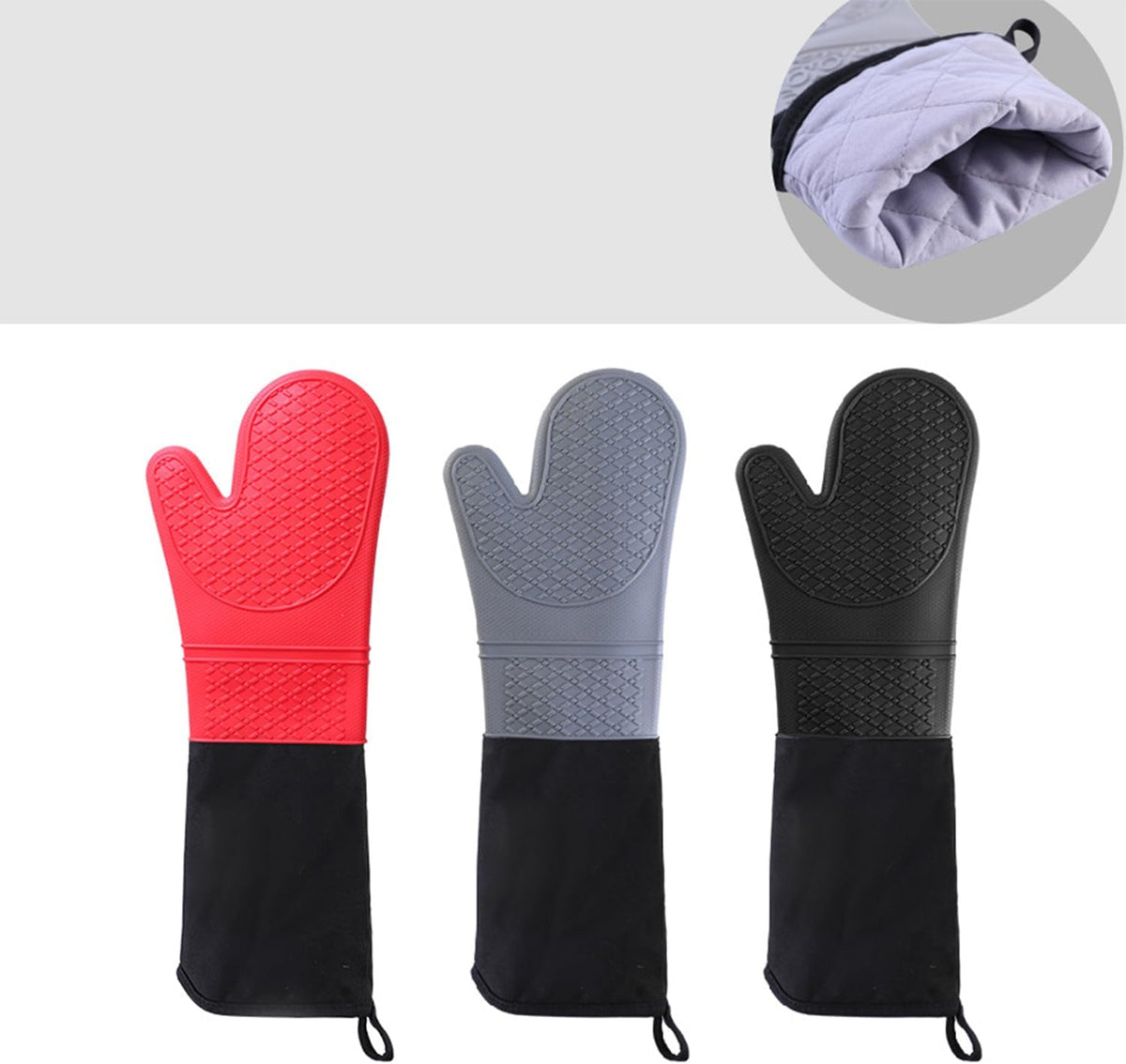 Extra Long Silicone Oven Mitts Heavy Duty Commercial Grade Oven Mitts Heat Resistant BBQ Gloves with Quilted Cotton Lining 2 Pack (Red)