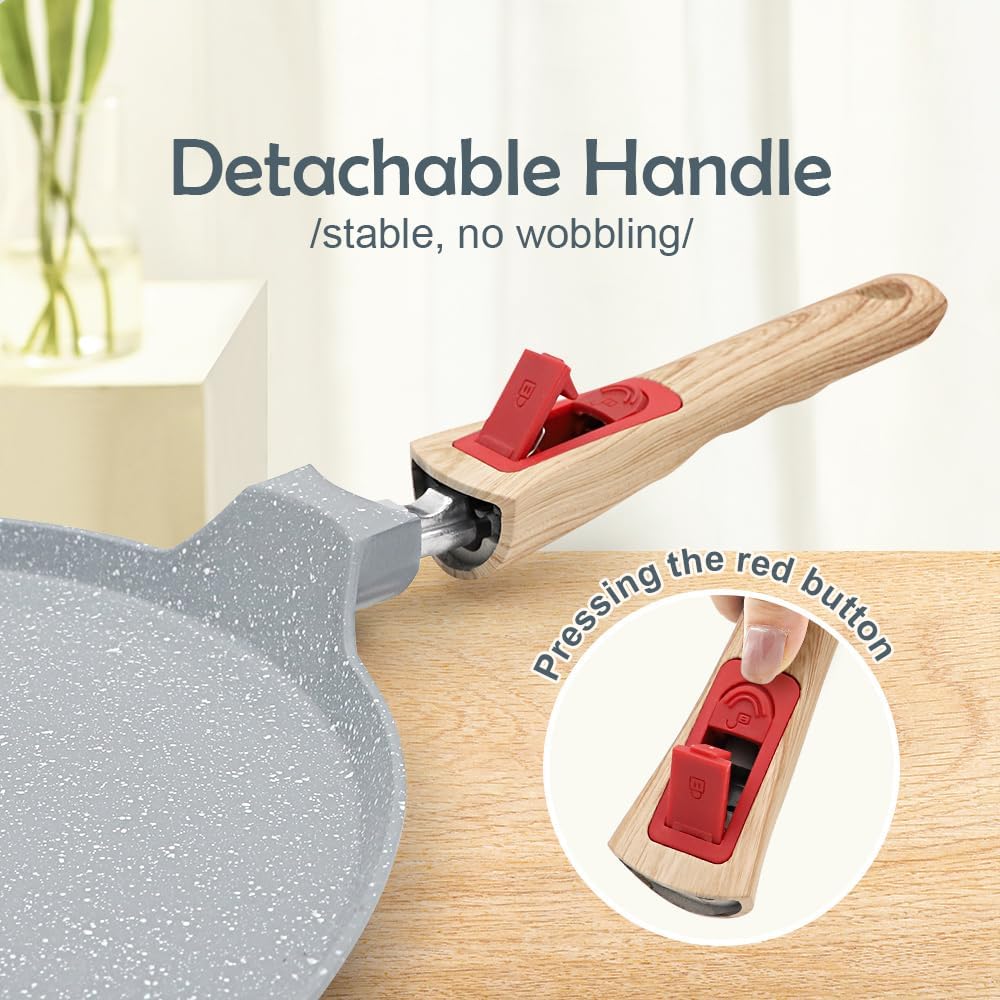 Nonstick Ceramic Crepe Pan, 8 Inch Dosa Pan Pancake Pan with Detachable Handle Round Griddle - Blue