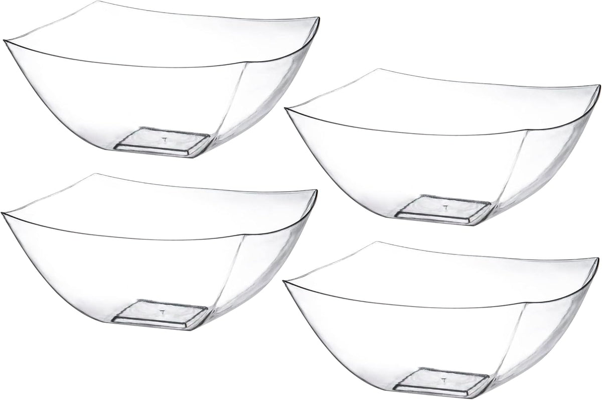 Posh Setting Clear Plastic Serving Bowls Disposable - Square Bowls - Square Candy Bowl - Plastic Snacks & Chip Bowls for Parties - Black, Gold & Clear, White Serving Dishes, 16 OZ, 4 Pack