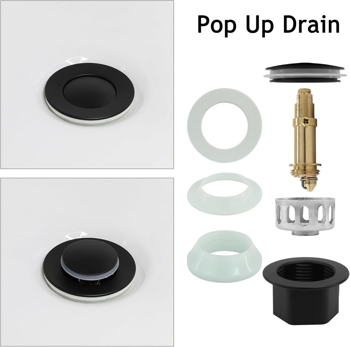 Bathroom Sink Drain,5 Pack Matte Black Drain Stopper Without Overflow,Small Cap Pop Up Drain Assembly with Detachable Strainer Basket,Built-in Anti-Clogging, Stainless Steel Nut