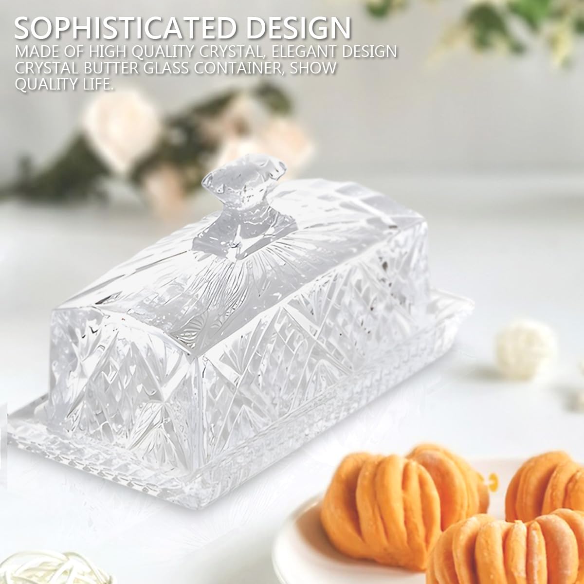 Glass Butter Dish with Lid Handle Butter Keeper Dessert Tray Cake Plate Crystal Covered Butter Dish for Home Kichen Candy, Dessert, Parfait, Jam
