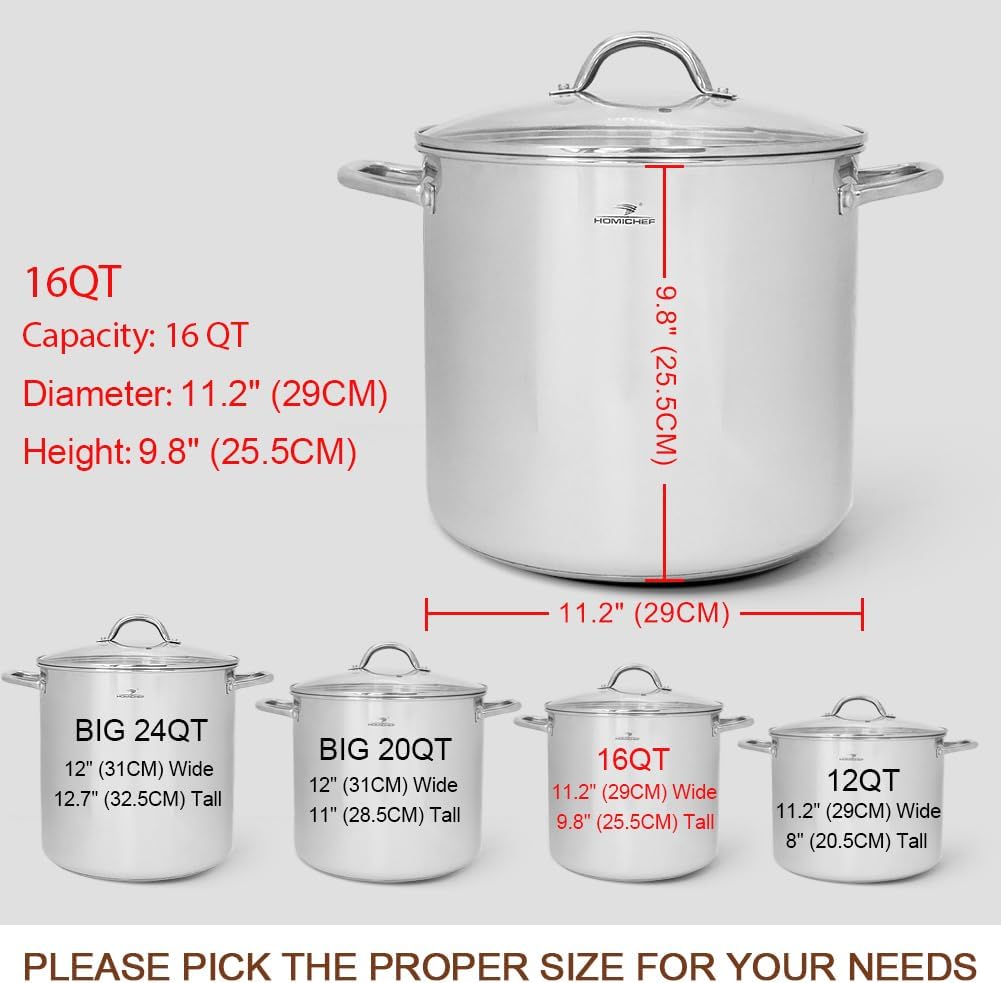 HOMICHEF 16 Quart LARGE Stock Pot with Glass Lid - NICKEL FREE Stainless Steel Healthy Cookware Stockpots with Lids 16 Quart - Mirror Polished Induction Pot - Commercial Grade Soup Pot