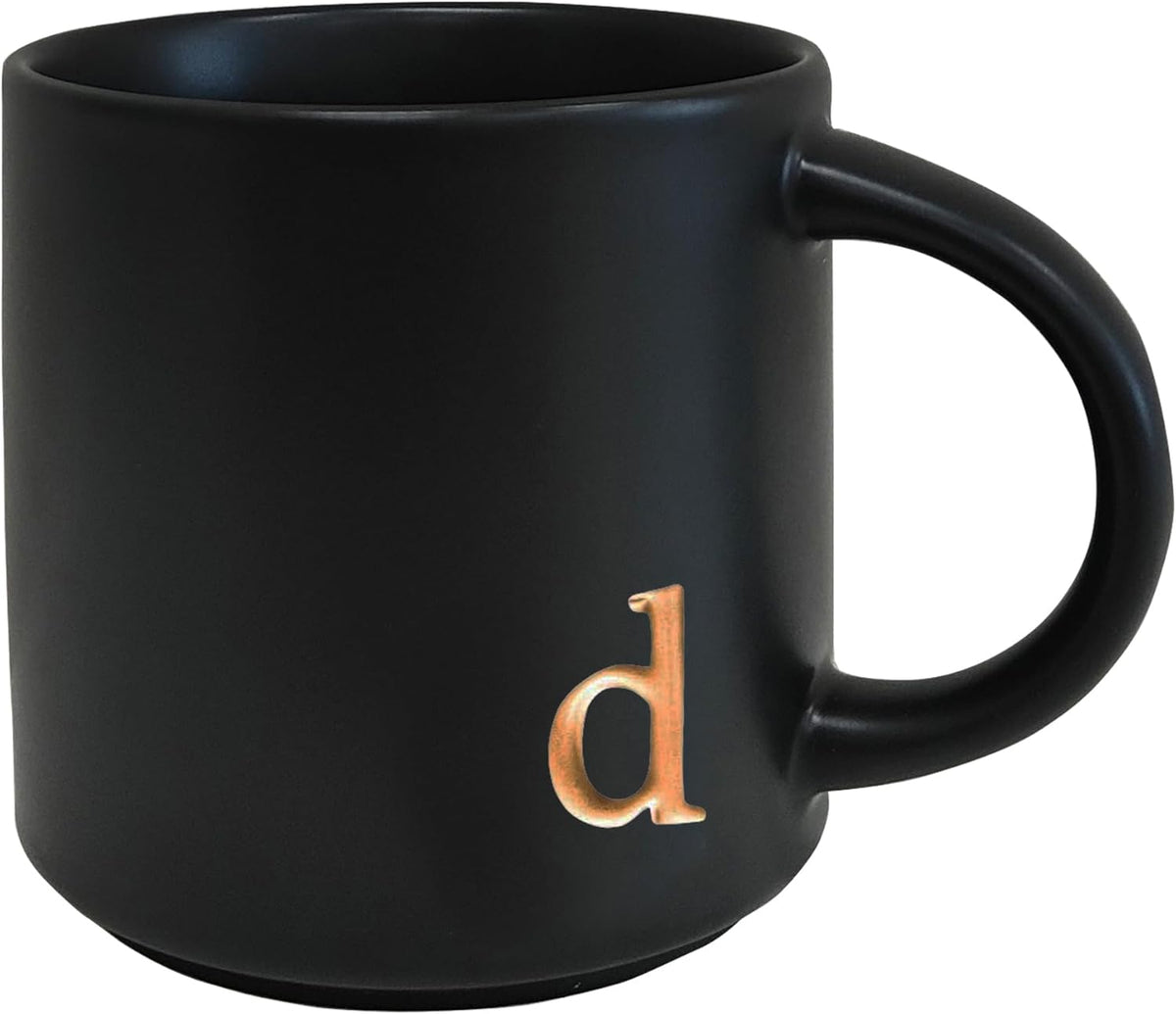 COLLECTIVE HOME - Black Monogram Ceramic Mugs, 15 oz Golden Initial Coffee Cups, Elegant Alphabet Tea Mugs, Personalized Halloween Mug with Gift Box, Perfect for Office and Home Décor (d)