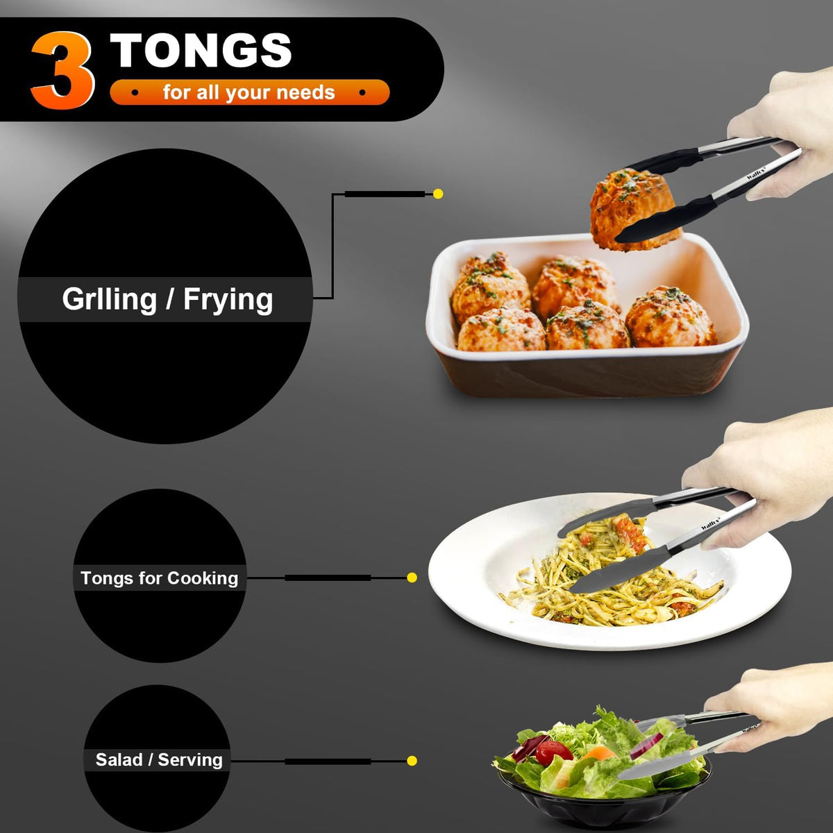 Walfos Small Silicone Tongs for Cooking- 7 inch Mini Kitchen Tongs with Silicone Tips, Great for Cooking, Turning, Serving, Food tongs Set of 3
