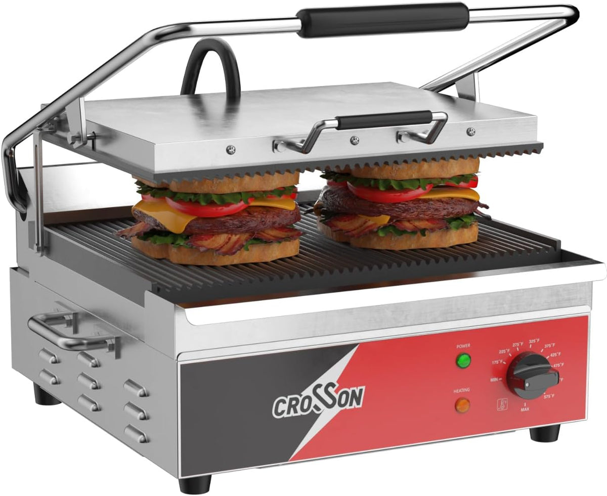 CROSSON 15"×11" Ribbed ETL Listed Commercial Electric Panini Grill,Hinged Auto Leveling Top Plate Panini Press Sandwitch Maker