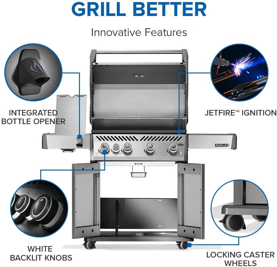 Napoleon Rogue PRO 525 Propane Gas Grill with Infrared Side Burner, Stainless Steel, Durable 5-Burner Outdoor BBQ