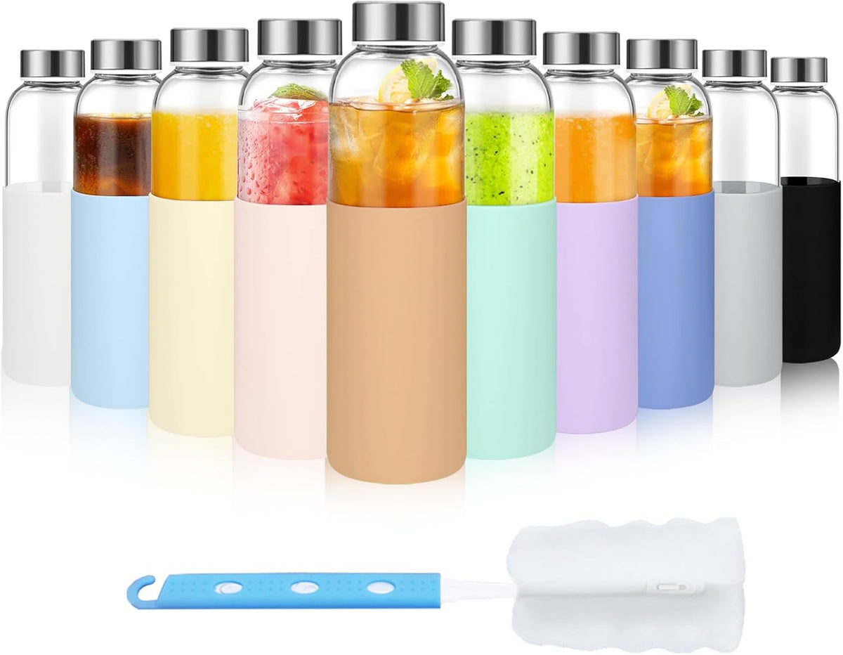 18 oz Glass Bottles with Lids and Silicone Sleeve, Reusable Glass Juice Bottles with Stainless Steel Cap for Juicing, Refrigerator,100% Leak Proof, BPA Free,Glass Water Bottles Set of 10