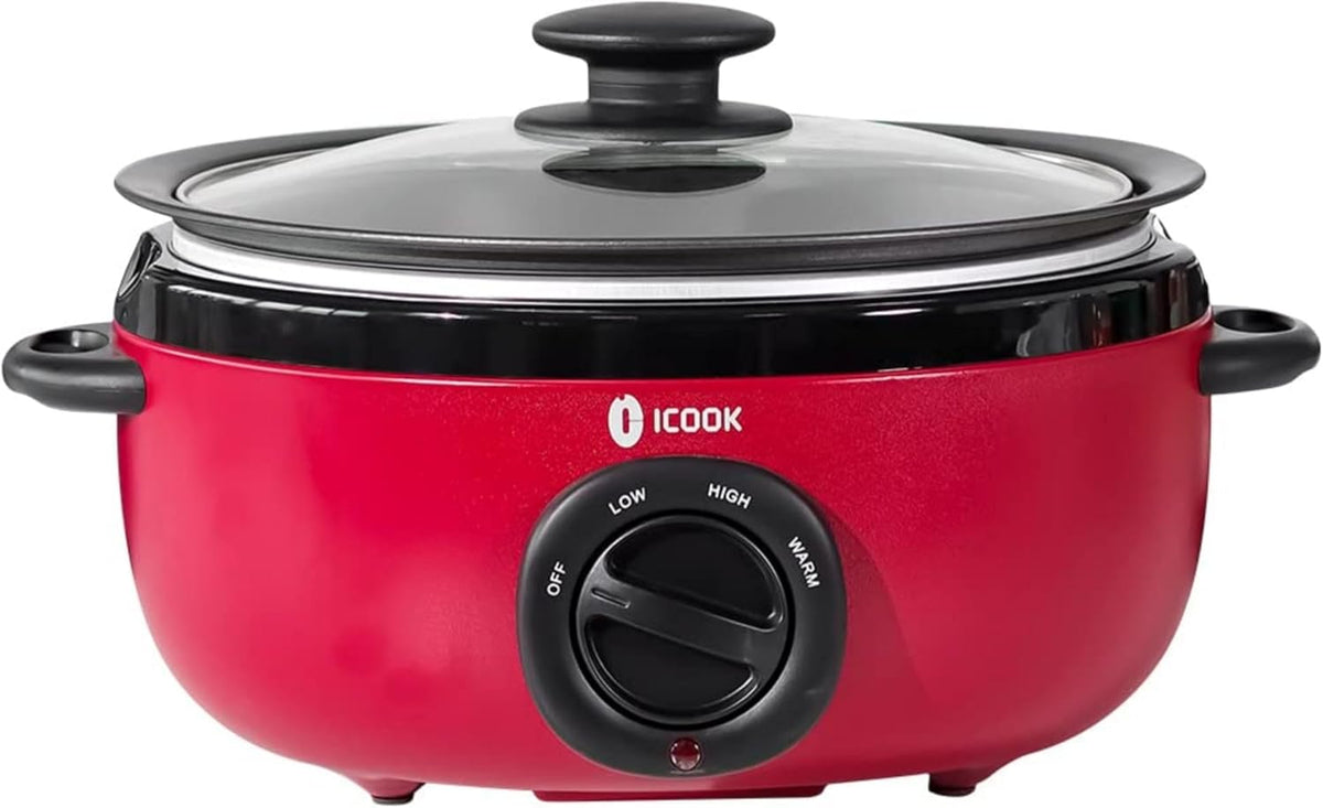 ICOOK 6.5 Quart Slow Cooker, Simmer Pot with Transparent Glass Cover, Cooks Entrees, Adjustable Temp, Sauces, Soups, Roasts, Stews and Dips (Red)