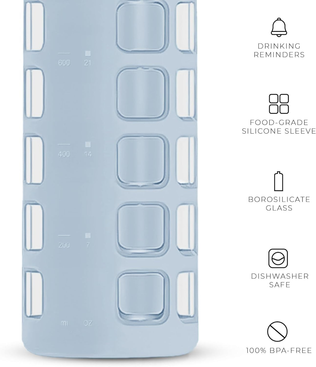 purifyou 40oz / 32oz / 22oz / 12oz Borosilicate Glass Water Bottle with Time & Volume Markers, Silicone Sleeve, Stainless Steel Lid – Reusable Glass Bottle for Water & Juice (32oz Ice Blue)