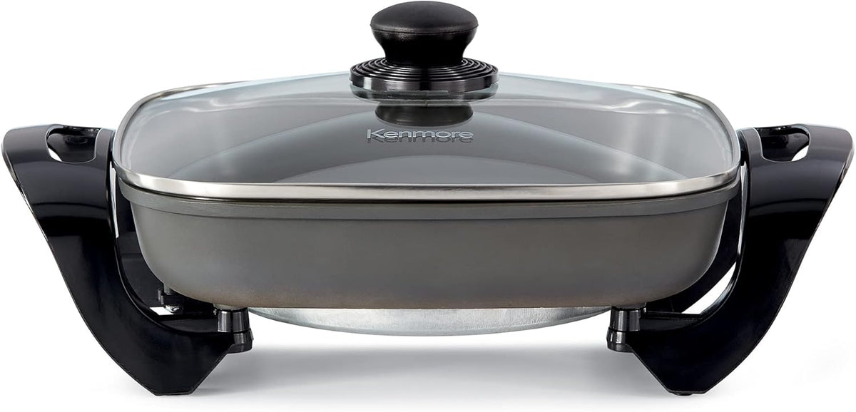 Kenmore Electric Skillet - Nonstick Frying Pan With Removable Glass Lid, Grill, Saute, Roast Chicken, Cook Pancake, 12x12" Temperature Control Easy Clean Countertop Kitchen Appliance