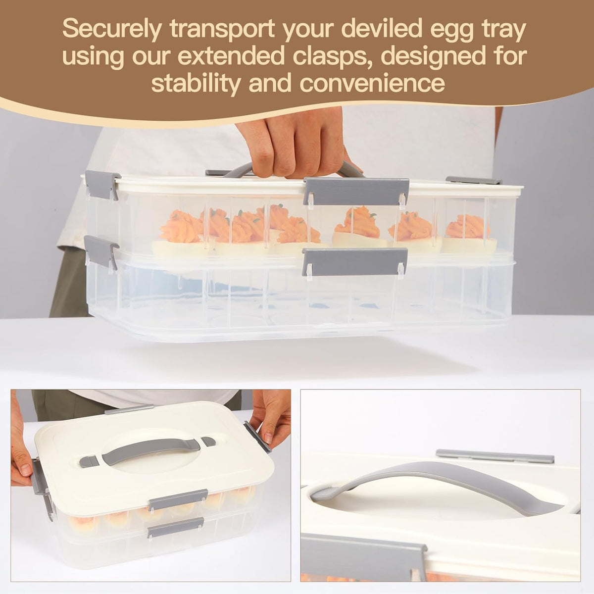 2-Layer Deviled Egg Containers With Lid,36pcs Deviled Egg Tray Carrier with Handl Injector Piping Tool,Portable Stackable Egg Holder Platter Holder Organizer for Refrigerator Party Picnic Travel Event