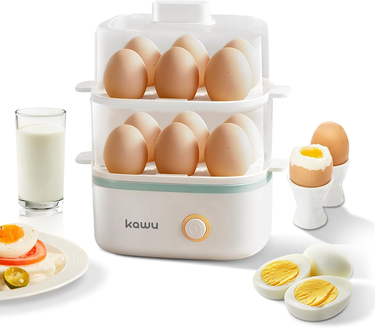 KAWU Double-layer Egg Cooker, Fast Electric Egg Boiler, Small Breakfast Machine, Safe and Easy to Operate, can Accommodate 12 Eggs, Suitable for RV Travel, Steamed Corn and Bread in Hotels