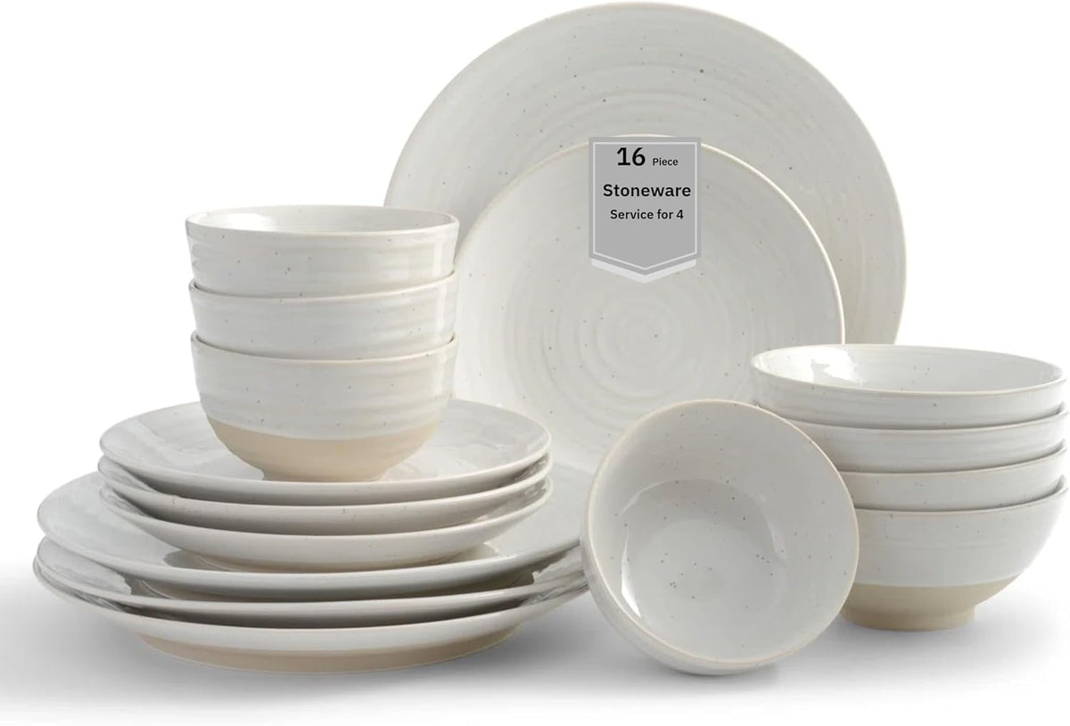 Sango Siterra 16-Piece Rustic White Stoneware Dinnerware Set – Service for 4, White with Glossy Speckle Overlay, for Everyday Dining & Entertainment, Microwave & Dishwasher Safe
