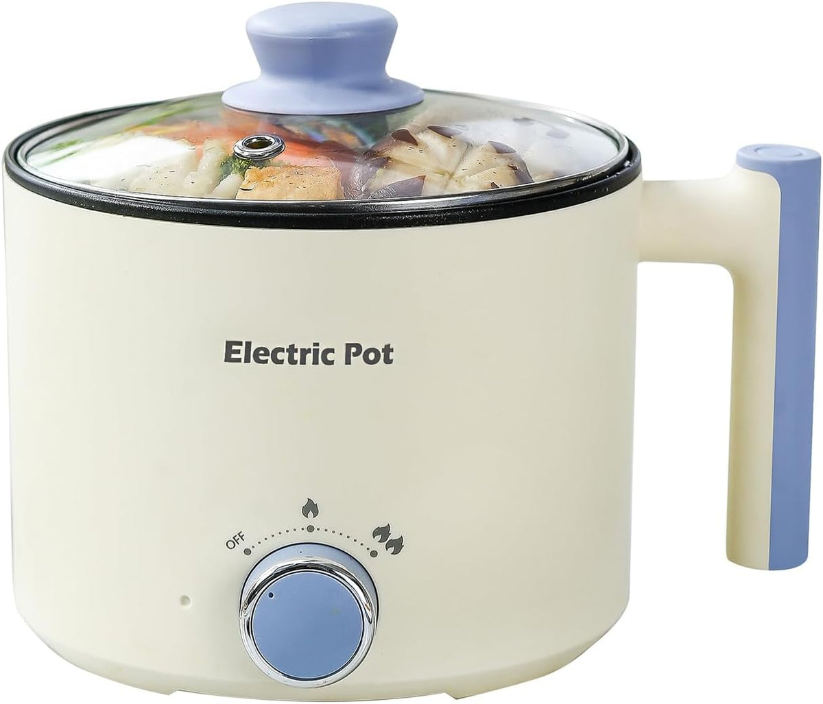 Electric Hot Pot:1.5 L Ramen Cooker, Dual Power Mini Portable Multi-Functional Lazy Pot for Pasta, Noodles, Egg, Soup, Non-Stick Noodle Cooker with Boil Dry Protection for Dorm, Office (Beige)