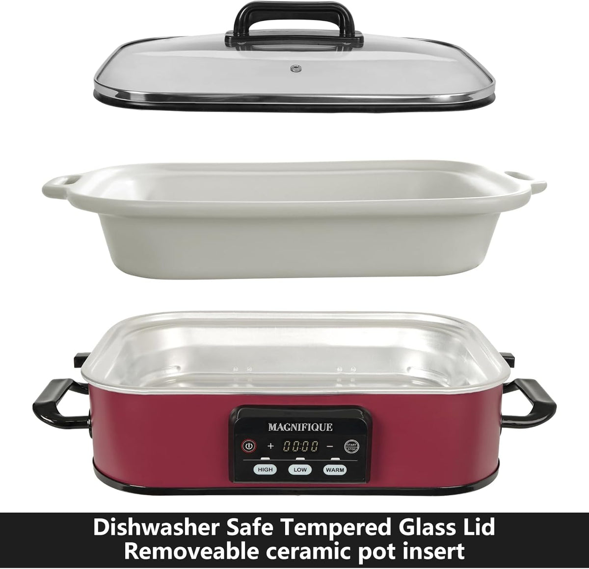 4 Quart Casserole Programmable Slow Cooker with Ceramic Baking Dish - Perfect Kitchen Small Appliance for Family Dinners, Oven Safe and Durable Bakeware for Lasagna, Roasts (Red)