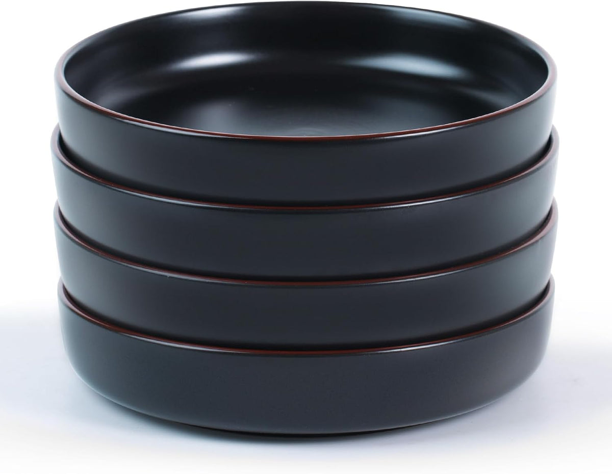 famiware Mercury Pasta Bowls Set of 4, 33 oz Large Salad Bowls, Ceramic Pasta Plates Bowls, Serving Bowls for Kitchen, Microwave & Dishwasher Safe, Black