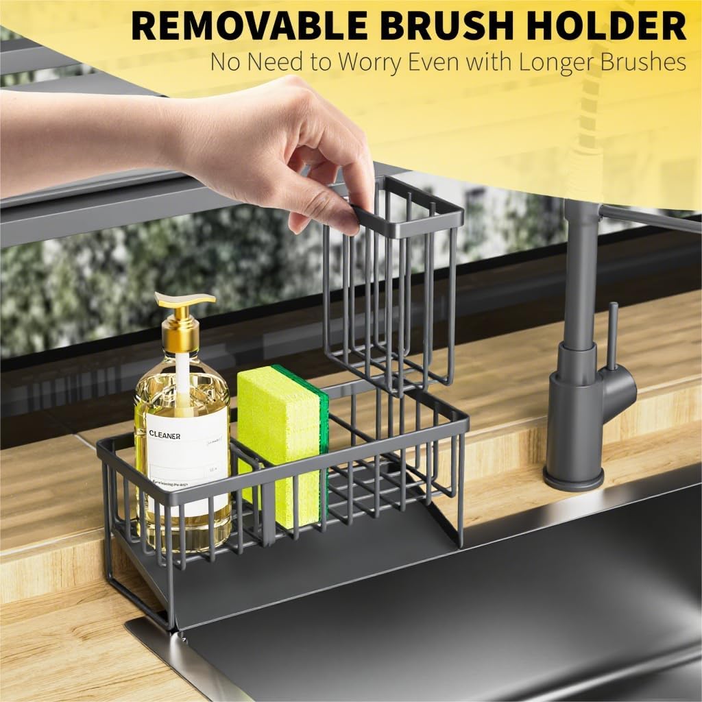 Cisily Sink Caddy Organzier with High Brush Holder, Sponge Holder for Sink, 304 Rustproof Stainless, Kitchen Countertop Soap Dispenser Organizer, Dark Gray Kitchen Decor and Accessories