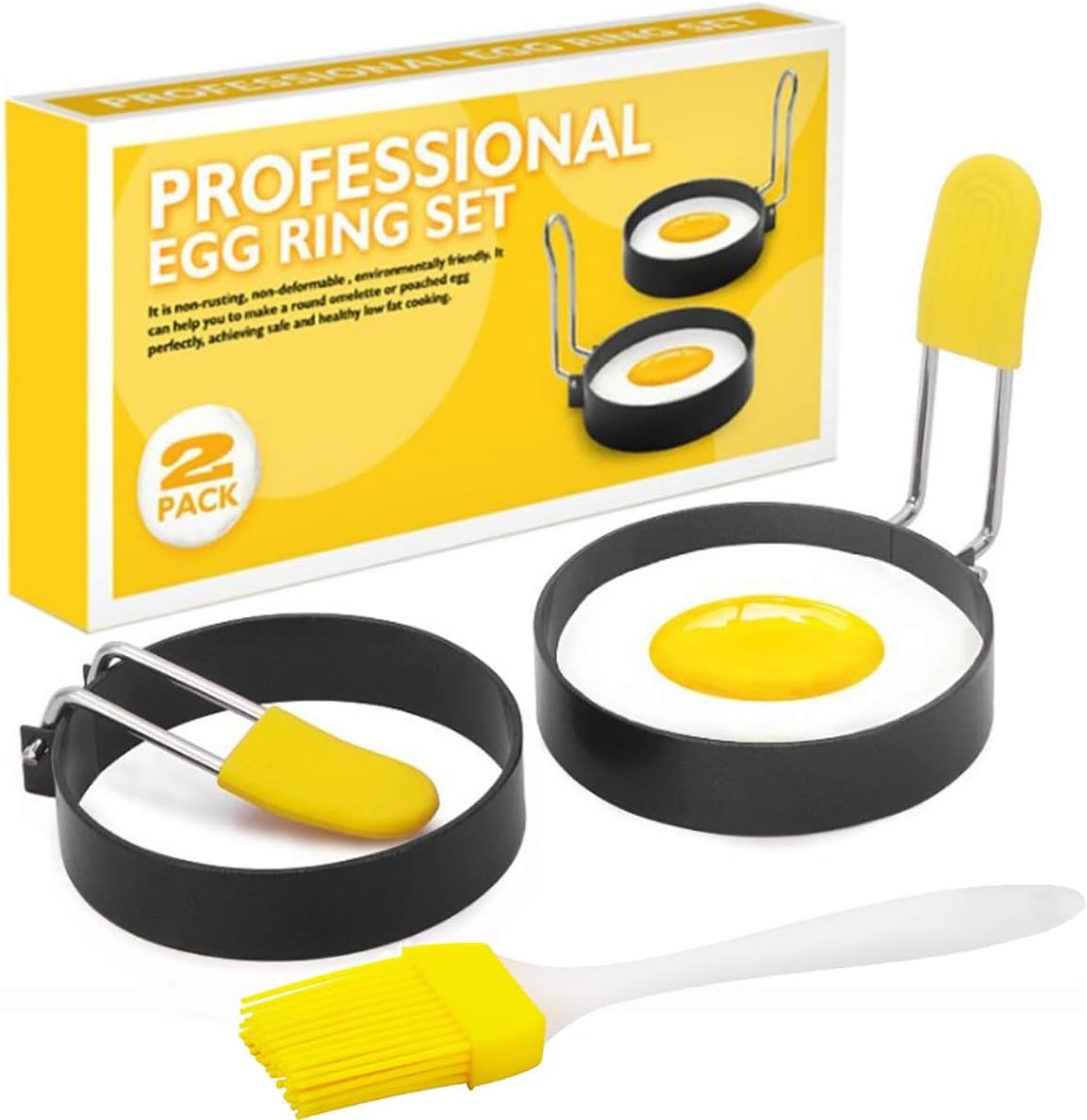 Egg Ring for Frying Eggs and English Muffin - Round Egg Shaper Mold with Anti-scald Handle - Stainless Steel Non-stick Egg Cooker Ring - 2 Pack