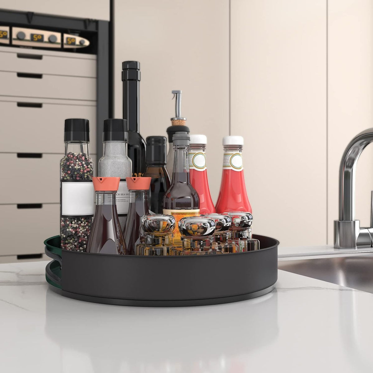 VAEHOLD Lazy Susan Stainless Steel Spice Rack Turntable for Pantry Cabinet - Decorative Trays Storage Containers Organizer for Kitchen Cabinet, Snacks, Bathroom (7 1/2 inches) (7 1/2'' Black)