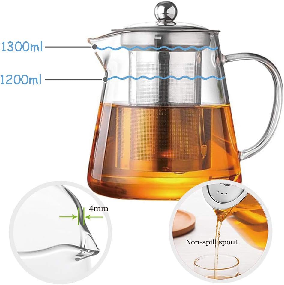 Glass Teapot with Infuser Tea Pot 32oz/43oz Tea Kettle Stovetop Safe Blooming and Loose Leaf Tea Maker Set (43oz/ 1300ml)