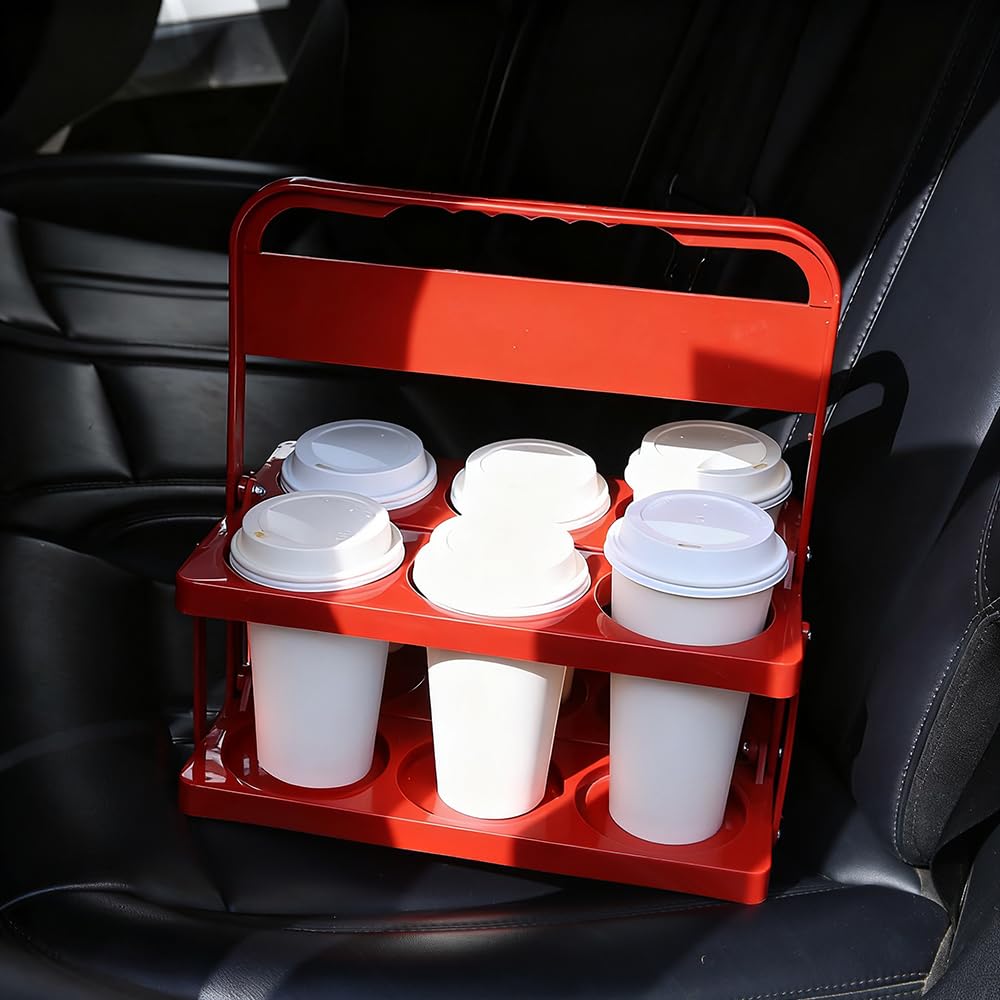 Bodaon 6 Cup Drink Carrier with Handle, Plastic Cup Carriers for Drinks, Drink Holder for Car, GrubHub/Eats Doordash Accessories, Portable Foldable Reusable Mobile, Use for Food Delivery Bag, Red