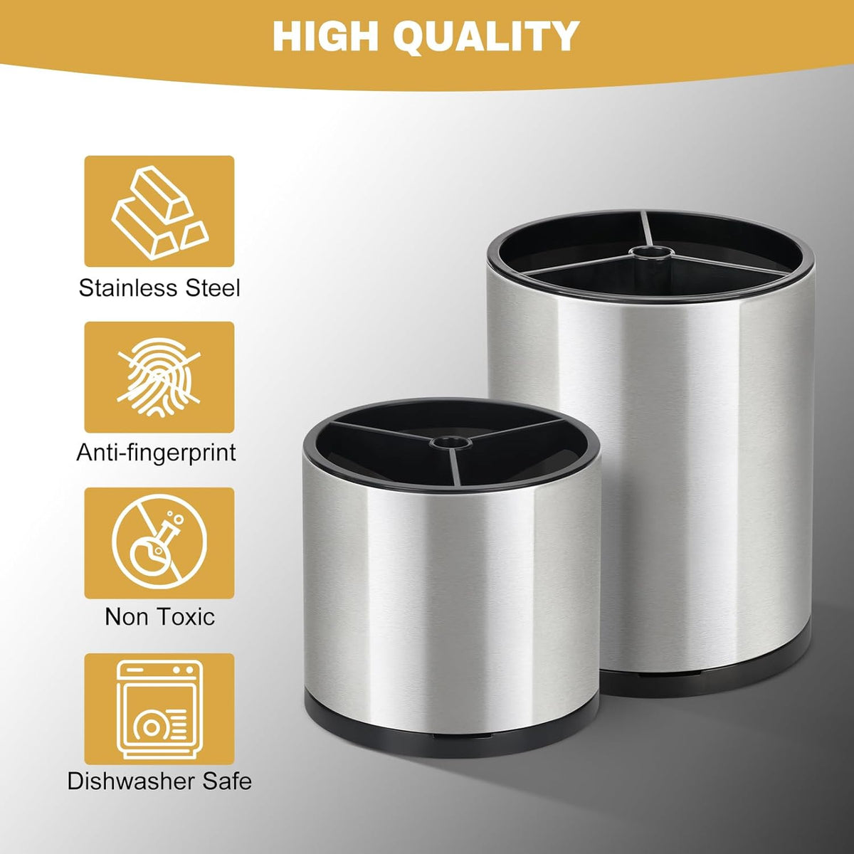 2Pack Kitchen Utensil Holder Set - 360° Rotating Stainless Steel Large Cooking Utensil Stand for Counter, 3 Compartment Flatware Caddy with Removable Base for Knife, Fork & Spoon Organizer - Sliver