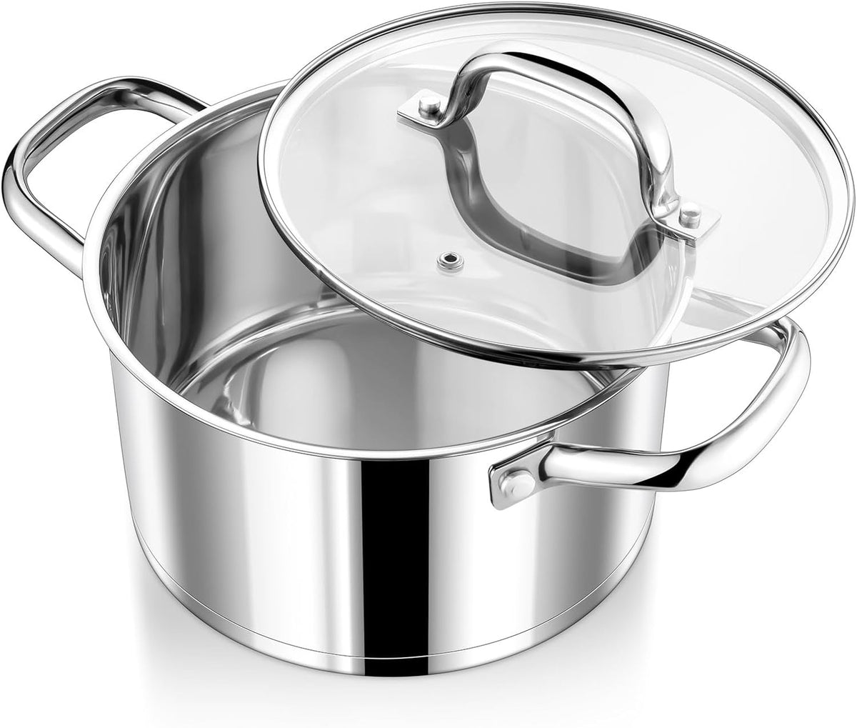 P&P CHEF 4 Quarts Cooking Stock Pot with Lid, Stainless Steel Stockpot Induction Pot for Soup, Tri-Ply Bottom & Clear Glass Lid & Double Handle, Dishwasher Safe