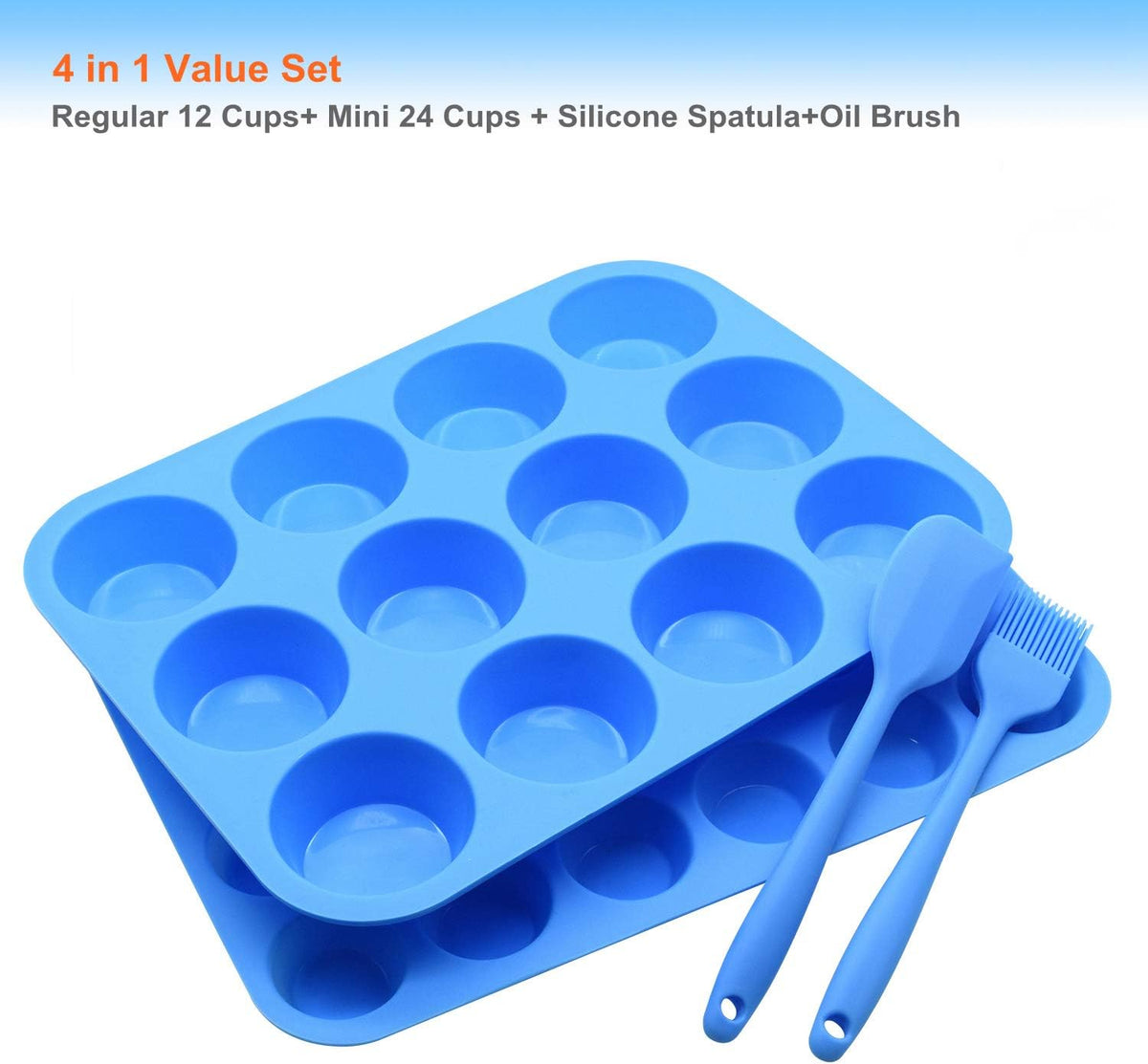 Silicone Muffin Pan Cupcake Set – Non-Stick 12 Cups and Mini 24 Cups,Silicone Baking Molds,BPA Free Muffin Tin with 1 Silicone Spatula & 1 Oil Brush (blue)