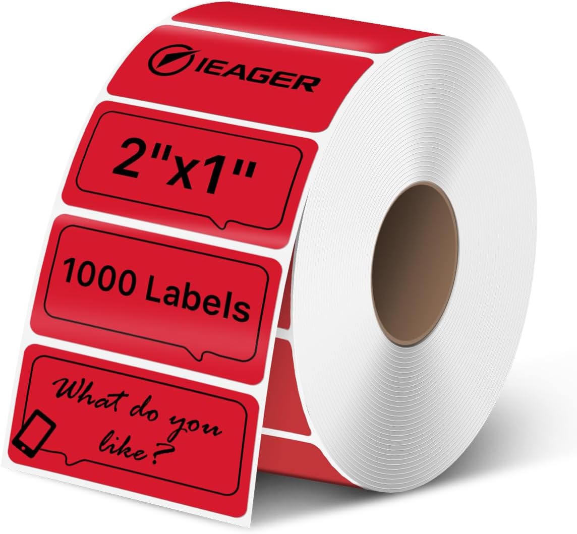 iEager 2x1 Inch Thermal Labels, Red Rectangle Thermal Printer Stickers, Durable Shipping Label Printer Sticker for Barcode, Name, Address, 1000 Labels/Roll