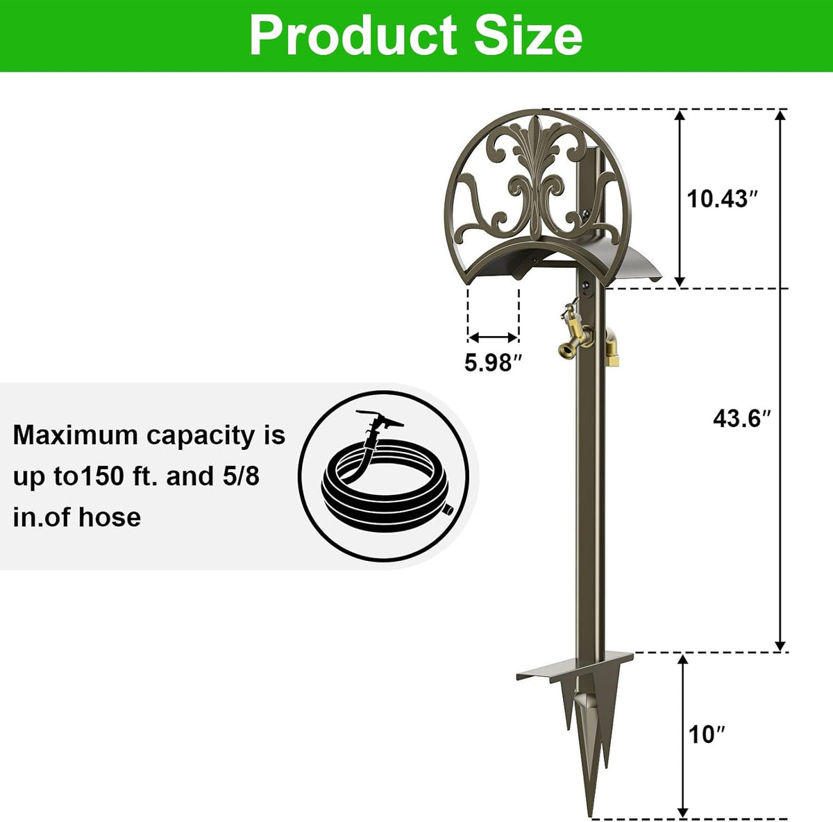 GOFORWILD Garden Hose Stand with Brass Faucet, Detachable Heavy Duty Water Hose Holder, Freestanding Metal Hose Reel Decorative Storage Hanger Holds 150-Feet Hose for Outside Patio Lawn Yard