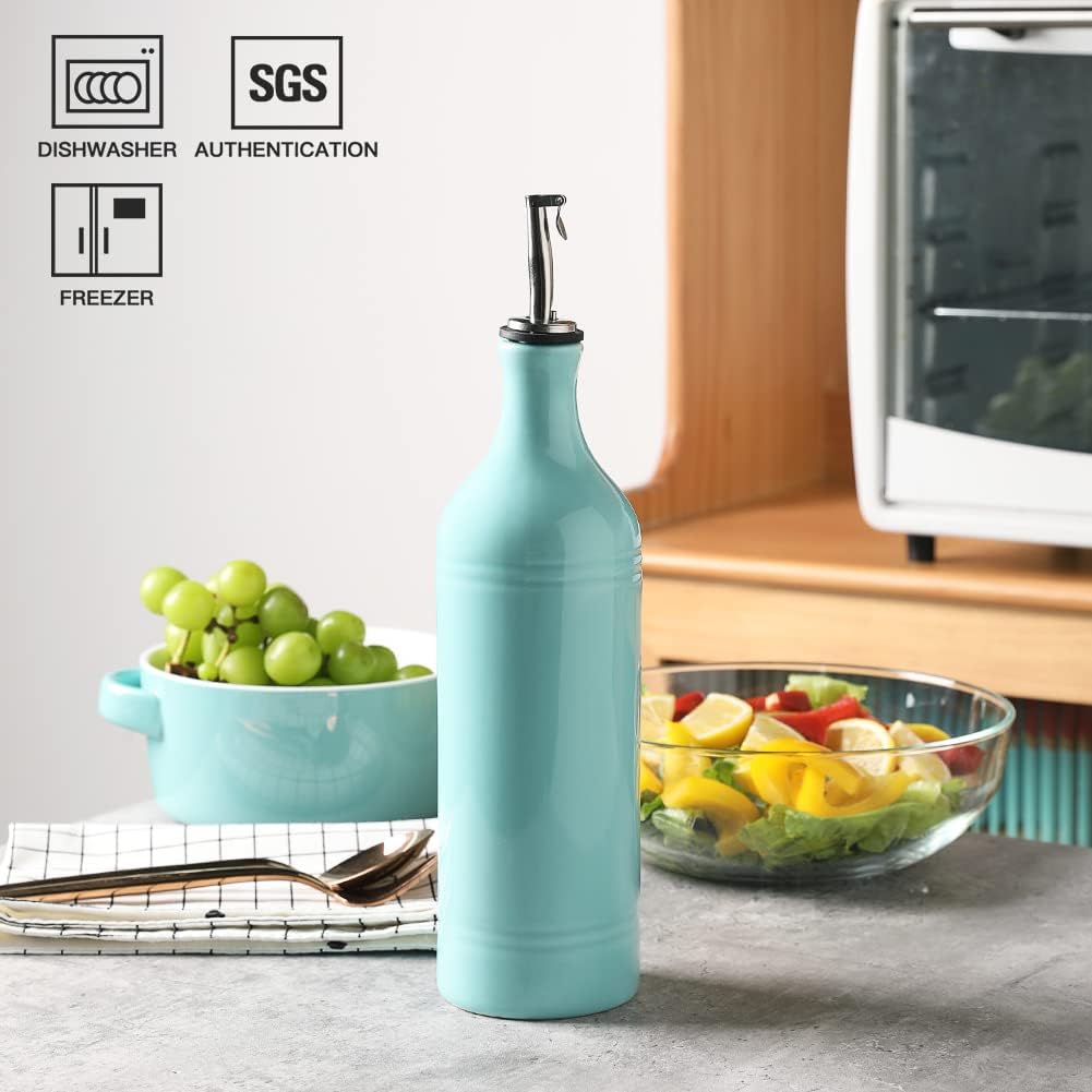Sweejar Large Ceramic Olive Oil Dispenser Bottle, Opaque Oil Cruet Protects Oil to Reduce Oxidation, Suitable for Storage Oil, Vinegar, Soy Sauce & Other Liquids, Pack of 1, 24 Fl Oz (Turquoise)