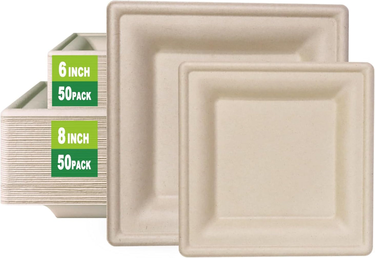 GreenWorks 6 inch and 8 inch Heavy-duty Compostable Plates (each 50 Count), 100 Count Bagasse and Bamboo Fiber Disposable Paper Plates