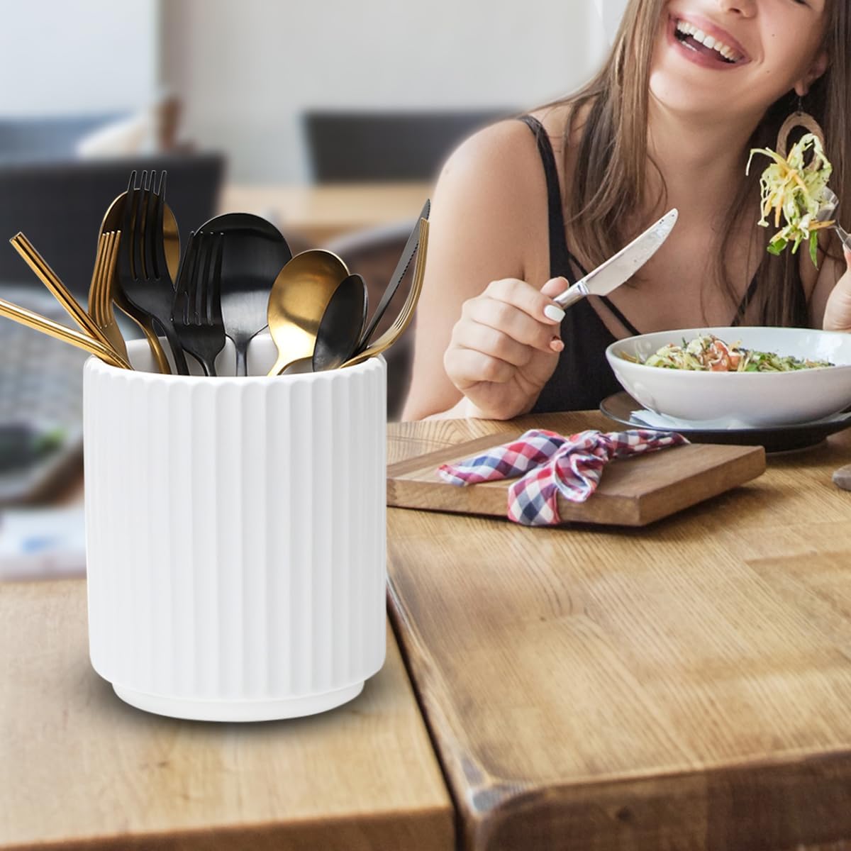 Small Utensil Holder for Kitchen Counter (H5.51” x W4.92”) Ceramic Countertop Utensil Holder for Kitchen Utensils Crock for Countertop Includes Silicone Drying Mat Light Cadetblue