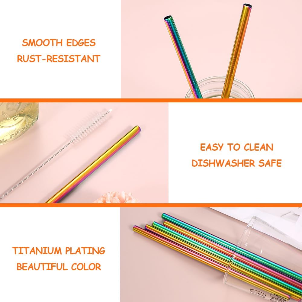 Lazycorner Reusable Stainless Steel Straws Metal Straw with Silicone Tip 5 Pcs 8mm Wide for 20/30/32oz Tumblers Smoothies and Shakes with 2 Cleaning Brushes,1 Portable Bag (Rainbow)