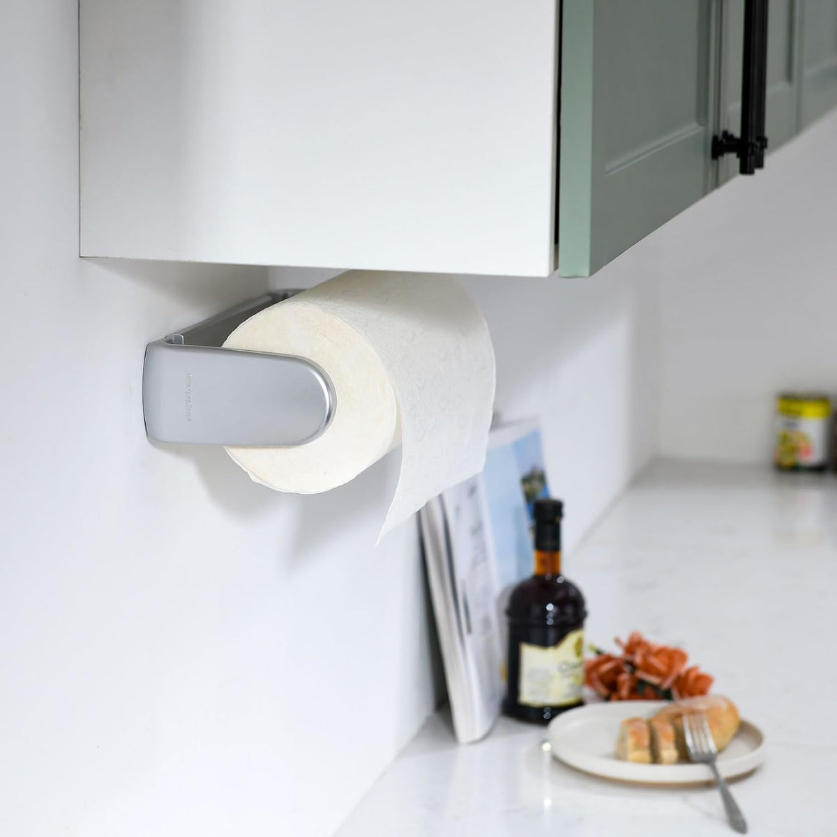 simpletome Paper Towel Holder Under Cabinet or Wall Mount ONE Hand Operation Tension Arm Kitchen Roll Holder (Silvery, for 24-28cm/9.4-11inches roll)