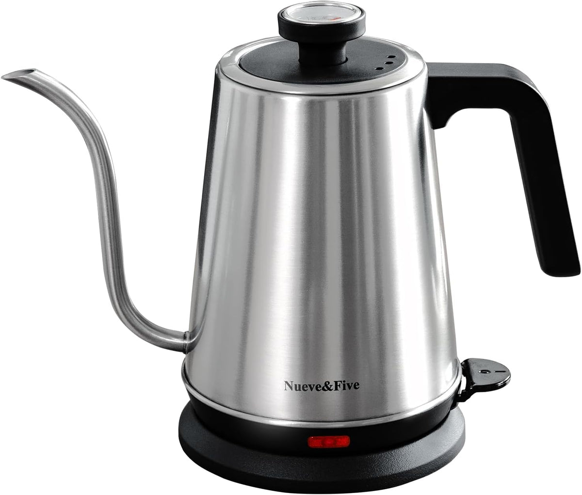 Nueve&Five Gooseneck Electric Kettle with Thermometer,Electric Tea Kettle 1L with Auto Shut-Off，1000W Hot Water Kettle of Stainless Steel,Pour Over Kettle for Coffee & Tea -Chrome
