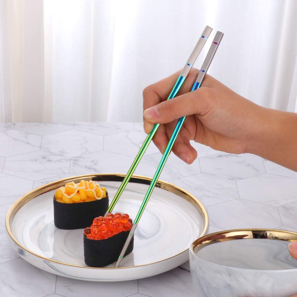 Buyer Star 5-Pair Stainless Steel Metal Reusable Rainbow Chinese Square Chopsticks