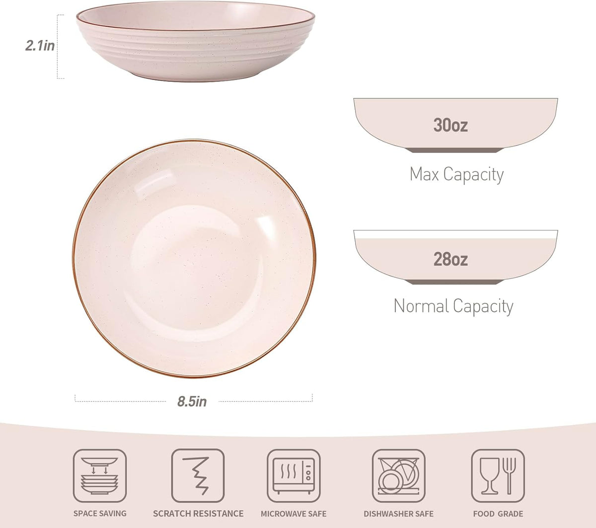 famiware Jupiter Pasta Bowls, 30 OZ Large Salad Bowls Set of 4, Microwave and Dishwasher Safe, Sturdy and Stackable, Serving Bowls for Kitchen, Light Pink