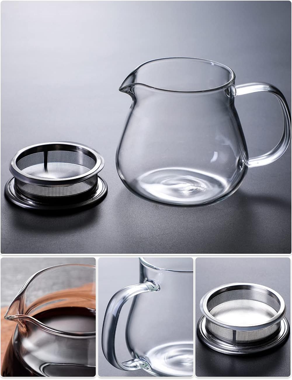 IwaiLoft Glass Teapot with Removable Stainless Steel Filter Lid Stovetop & Microwave Safe Borosilicate Glass Kettle for Loose Leaf, Blooming Tea And Coffee Sharing (15OZ)