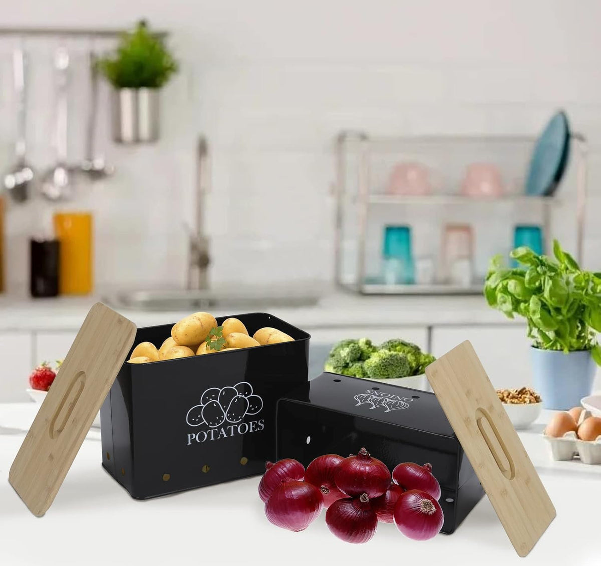 Potato Onion Storage Box, Food Container Sets, Storage Canisters for Vegeatables, Set of 2 Jars Pots Containers, Potato & Onion Bin with Aerating Tin Storage Holes & Bamboo Lid-Black