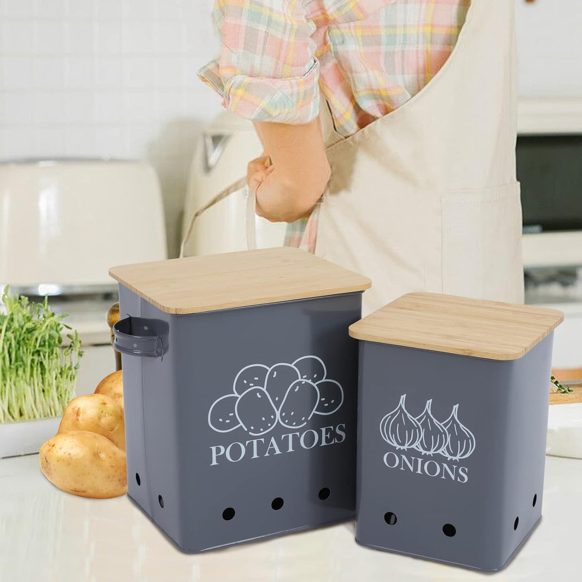 Kitchen Vegetable Storage Tins Set of 2 for Potatoes, Onion, with wooden lid Garlic Bin Caddy, Long Shelf Life-Grey