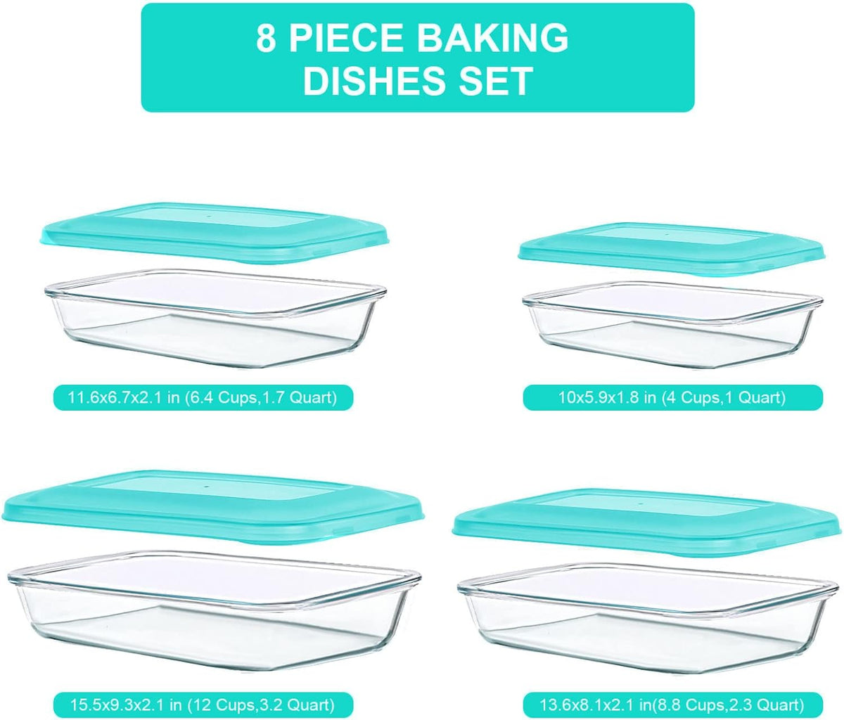 KOMUEE 8 Pieces Glass Baking Dish with Lids Rectangular Glass Baking Pan Bakeware Set with BPA Free Lids, Baking Pans for Lasagna, Leftovers, Cooking, Kitchen, Fridge-to-Oven, Green