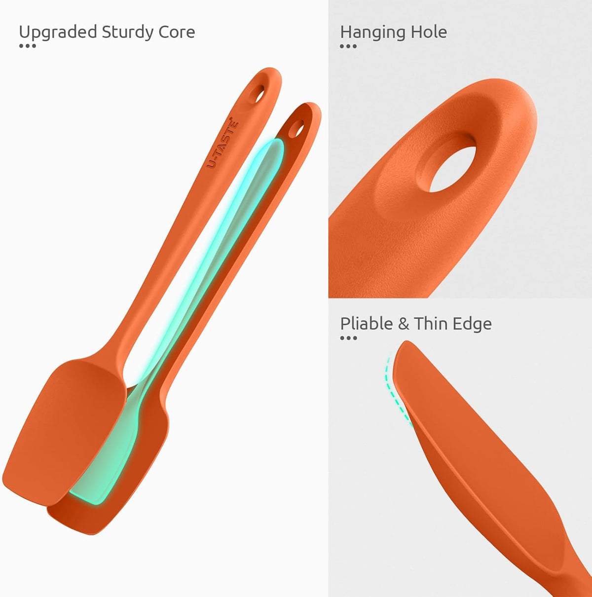 U-Taste Silicone Spoon Spatula Set: 480ºF Heat Resistant Food Grade Flexible Rubber Spoonula, Nonstick Cooking Mixing Scooping Kitchen Baking Scraper Utensils Set of 3 for Pan, Pot, Bowl (Orange)