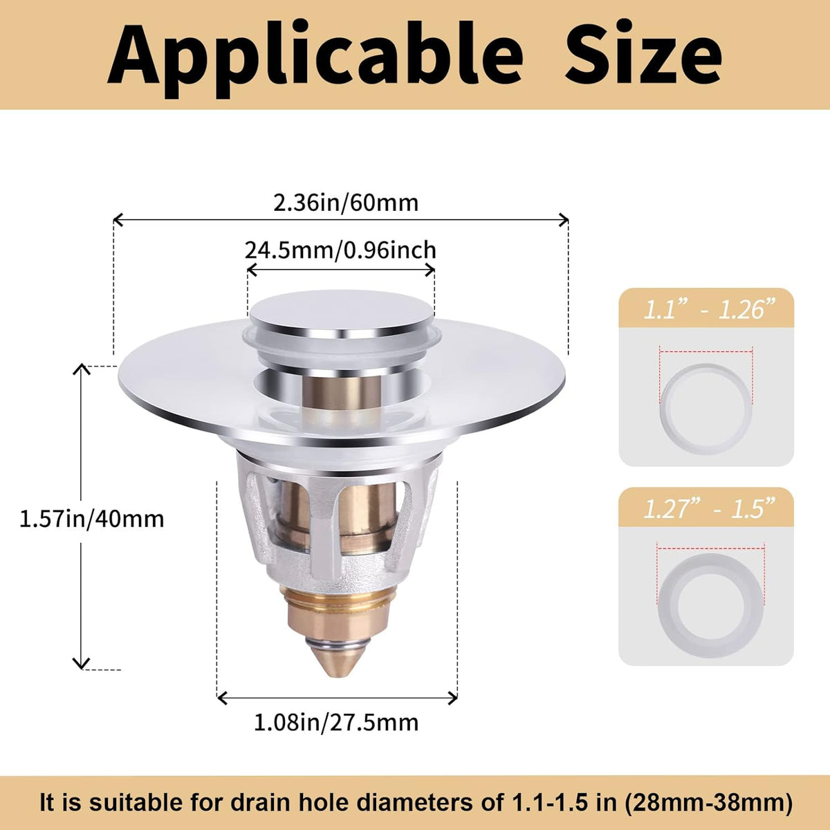 U.S. Standard Bathroom Sink Stopper 1.1"-1.5", Stainless Steel Universal Pop Up Drain Stopper for Bathroom Sink, Universal Drain Filter Drain Plug with Spring Core Push Type Converte