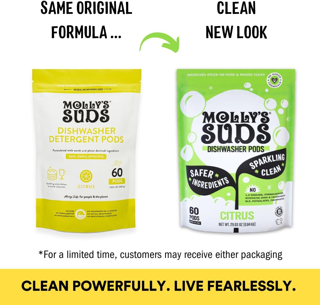 Molly's Suds Dishwasher Pods | Clean Dishwasher Detergent, Cuts Grease & Rinses Clean (Residue-Free) for Sparkling Dishes | 60 Auto-Release Tabs (Citrus)