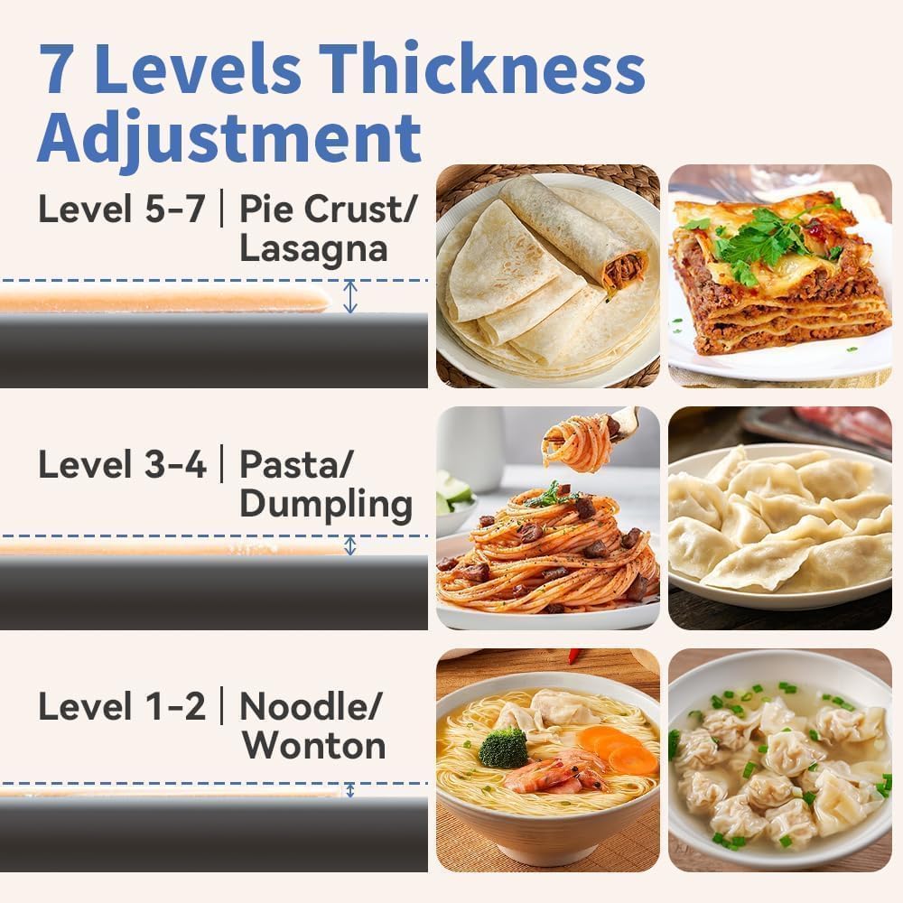 Electric Pasta Maker Stainless Steel Noodle Machine with Roller & Cutter Adjustable 7 Thickness & 2 Width for Spaghetti, Fettuccini, Lasagna, Pie Crust, Dumpling, Wonton