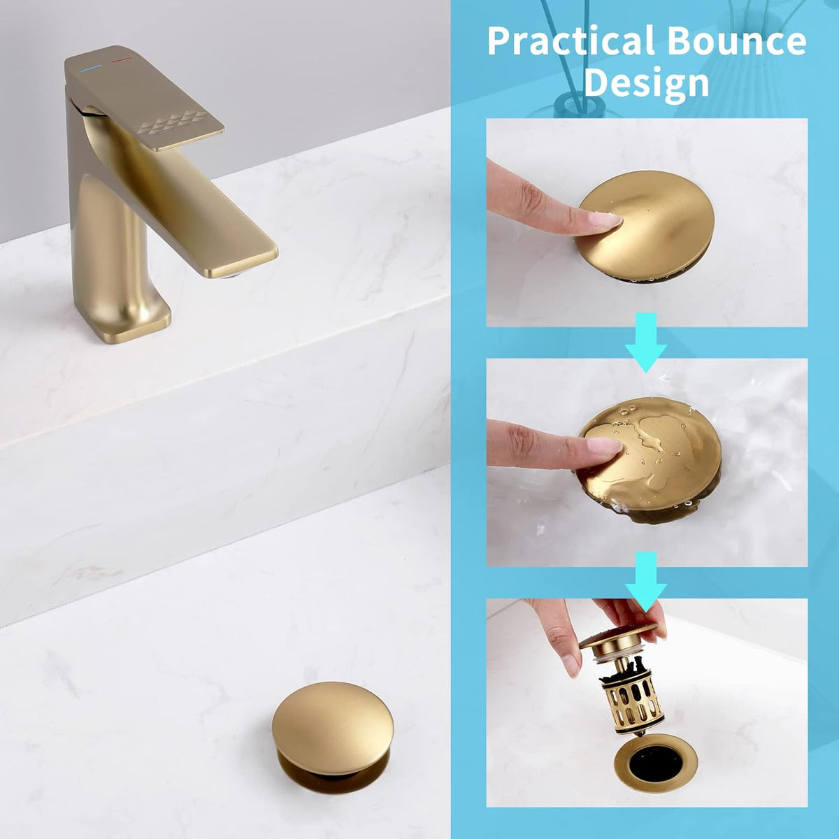 Bathroom Sink Pop Up Drain Without Overflow, Vessel Sink Drain with Detachable Filter Basket, Anti-Corrosion and Anti-Clogging Sink Pop Up Drain Stopper (Brushed Gold)