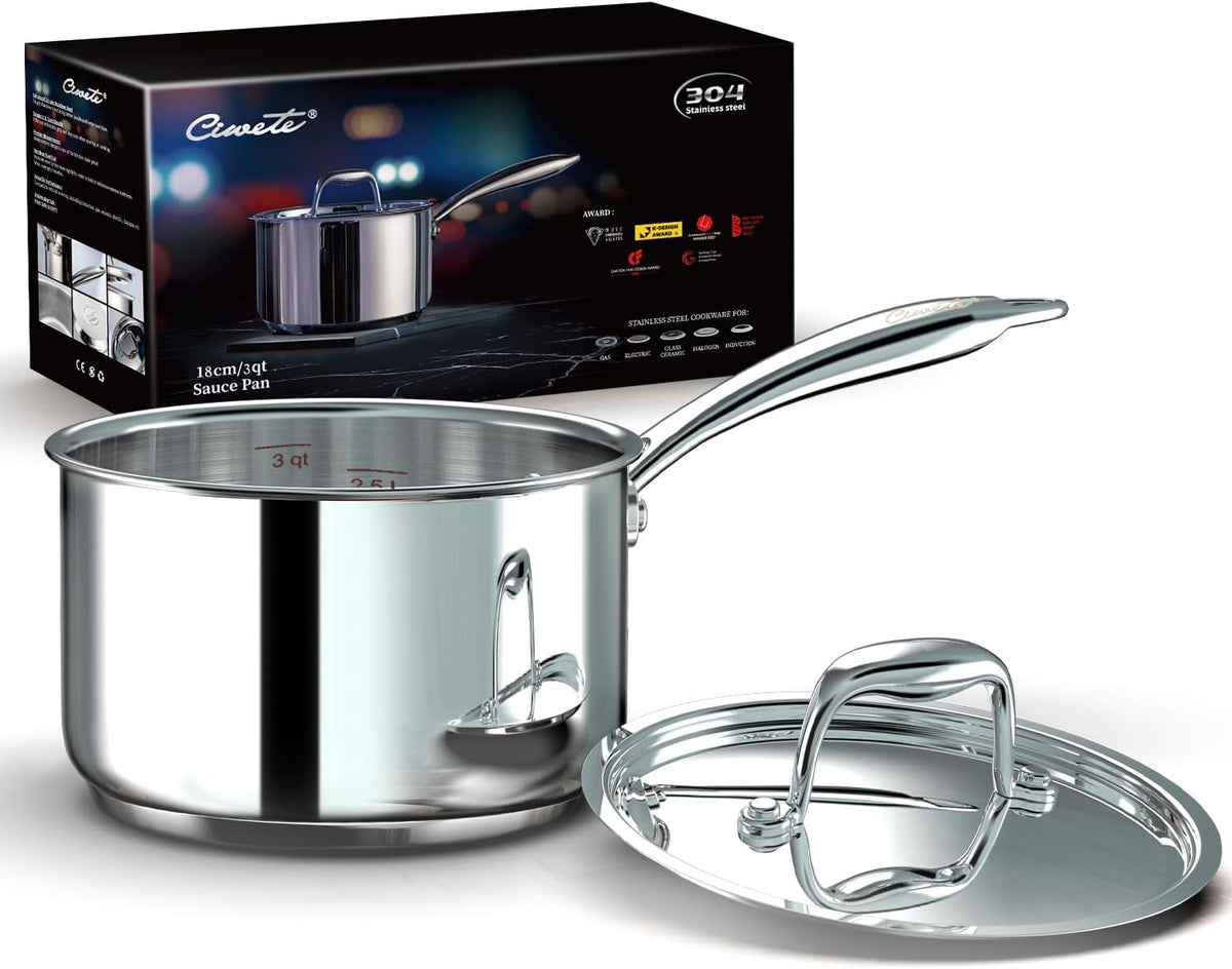 3 Qt Saucepan with Lid - Upgraded Package - 3 Quart 18/10 Stainless Steel Sauce Pan with Mirror Polishing and 2 Sacles, Induction Cookware, Small Pot for Cooking, Dishwasher Safe Oven Safe