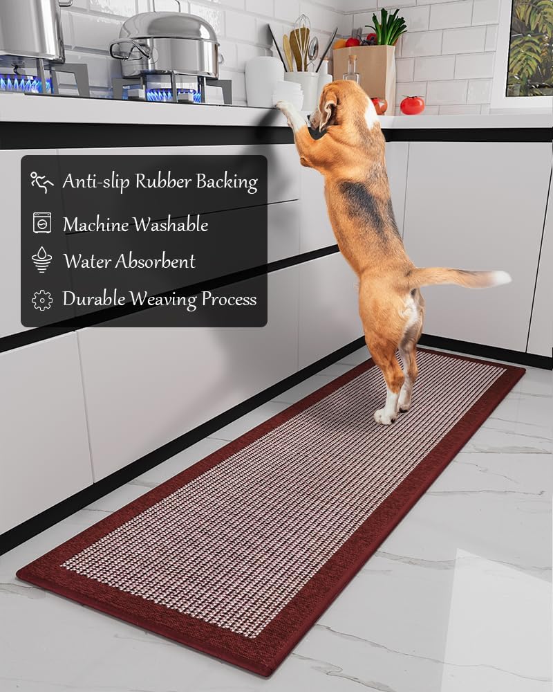 PADOOR Kitchen Mats for Floor, Non Slip Washable, Rubber Backed Christmas Runner Super Absorbent Xmas Floor Mat Sink Rug, 20'x47' Red